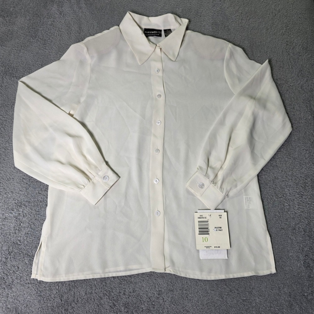 Liz Claiborne Womens 10 Button Down Blouse Cream Sheer Long Sleeve Vintage NWT
